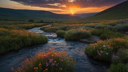 Obraz premium Flowing River Through Meadow at Sunset with Wildflowers in Bloom