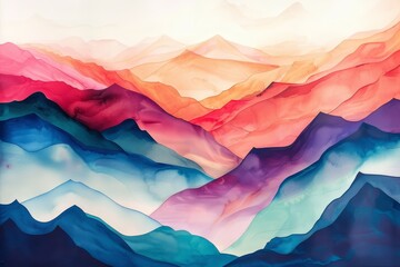 A colorful, abstract watercolor painting depicting a mountain range, An abstract interpretation of mountain ranges blending into the horizon