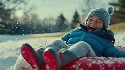 Child laughing on snow tube during winter fun in mountains