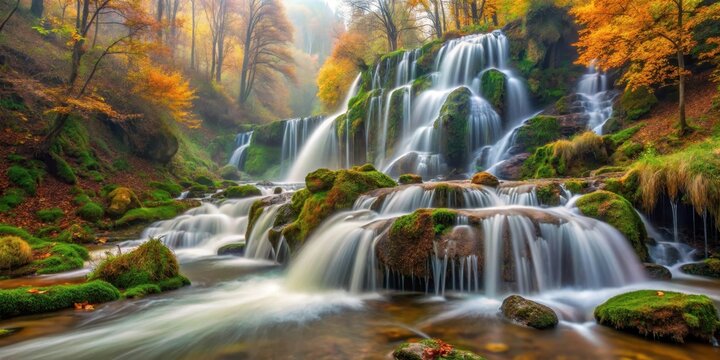 Cascade of water flowing down Toplita in Transylvania landscape, misty atmosphere, lush greenery, autumnal colors