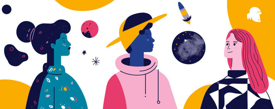 Abstract cosmic-themed portrait of diverse individuals with geometric elements and space motifs - vector.