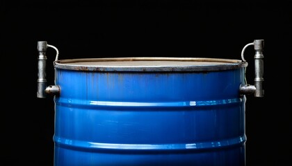 rustic blue metal barrel with handles against a black background perfect for industrial vintage or rustic themed projects