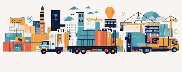 Fototapeta premium Colorful cityscape with trucks, containers, and construction cranes in an urban skyline - vector.