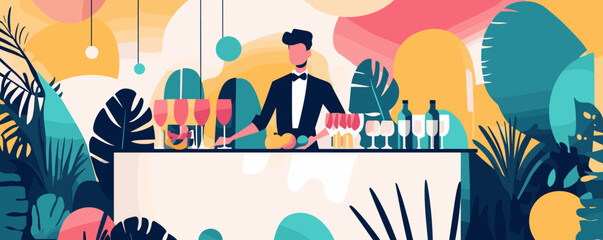 Colorful abstract bartender with cocktails and tropical plants in background - vector.