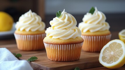 Zesty lemon cupcakes with creamy frosting sit on a rustic board, accented by fresh mint and a lemon slice. Sweet indulgence!