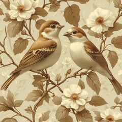 Vintage Floral and Bird Seamless Wallpaper Pattern Botanical Illustration