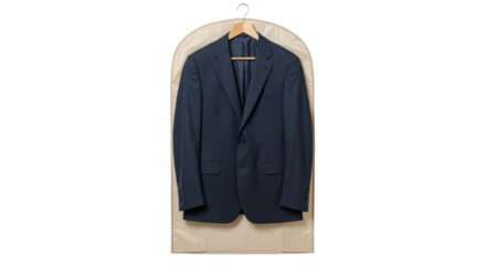 Isolated Dark Blue Suit Hanging in Garment Bag
