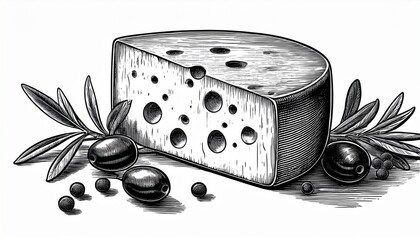 cheese block with signature holes accompanied by olives olive branches and scattered peppercorns sketch engraving generative ai illustration scratch board imitation black and white image