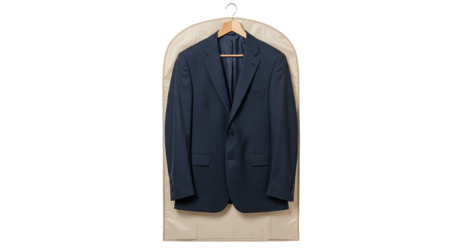 Isolated Dark Blue Suit Hanging in Garment Bag