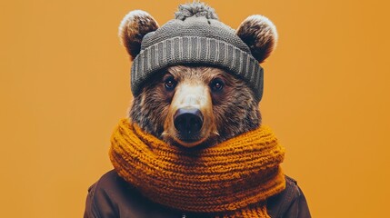 A brown bear wearing a gray beanie and a yellow scarf is looking at the camera. The bear is standing in front of a solid orange background.