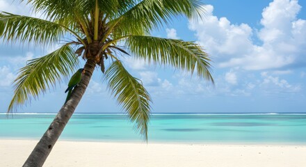Parrot on Palm with Tropical Beach. (1)