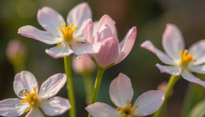 Fototapeta premium Blooming flowers with pink and white petals in natural light 