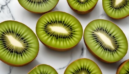 Fototapeta premium A high-angle, close-up shot captures a whole kiwi and a halved kiwi, positioned on a surface that transitions from a marble-like pattern to a solid white