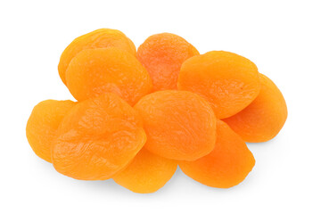 Heap of tasty dried apricots on white background