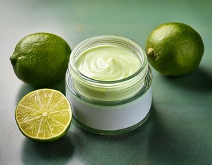a jar of lime cream next to three limes on a table