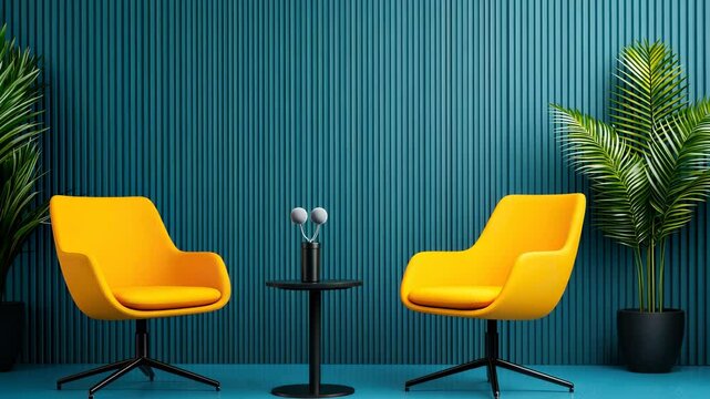 stylish podcast studio Vintage microphone sits on a small table between two comfortable chairs, ready intimate an for conversation in a warm, inviting space background video 4k
