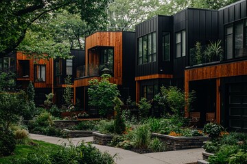 A series of structures featuring flora and a garden, accompanied by contemporary townhouses with expansive windows