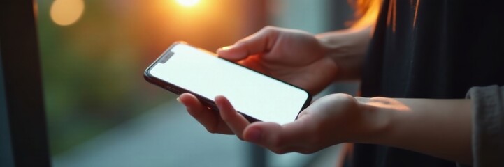 Close-up of a woman's hand holding a blank mobile phone screen with a soft light illuminating her palm, smartphone , digital device