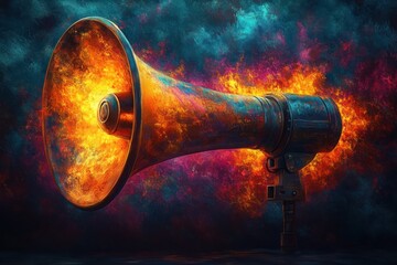 Colorful Explosion of Megaphone Energy with Dramatic Fiery Background