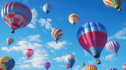 Obraz premium A vibrant 3D animated hot air balloon festival in a clear blue sky.