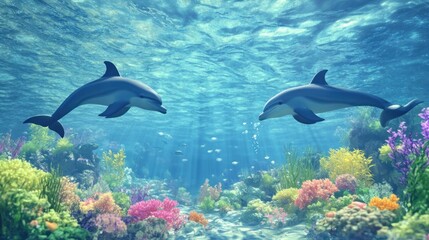 Obraz premium A vibrant 3D animated underwater scene with dolphins playing.
