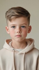 Portrait of a Cute Young Boy with Stylish Haircut Wearing a Beige Hoodie