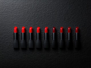 Collection of Vibrant Red Lipsticks in Various Shades Arranged in a Symmetrical Line on a Dark Glittery Background