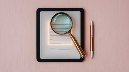 A digital tablet displays a document under a magnifying glass, alongside a pen, on a soft pink background.