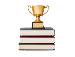 Academic achievement trophy on stacked books for education theme, cut out - stock png.