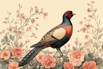 Pheasant and Exotic Flowers Seamless Floral Pattern Vintage Botanical Illustration