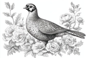 Fototapeta premium Pheasant Bird with Exotic Flowers in Intricate Vintage Botanical Engraving Pattern