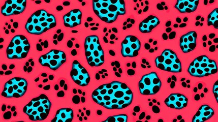 Fototapeta premium The design features a retro-futuristic aesthetic reminiscent of the 80s and 90s, complete with a neon leopard background in cyberpunk style, forming a modern seamless pattern with exotic animals