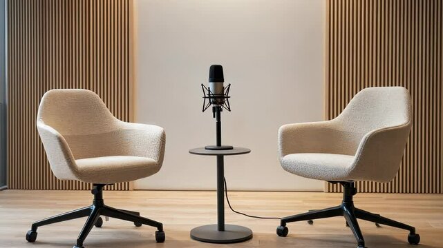 Modern podcast audio studio setup with microphone, two and chairs, small table, empty circular neon for ready light, recording video 4k