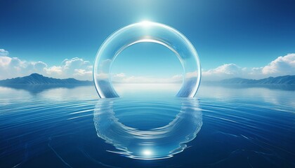 transparent circular ring hovering over calm water surface creating a surreal gateway effect in a serene blue landscape