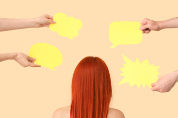 Woman and different hands with speech bubbles on beige background
