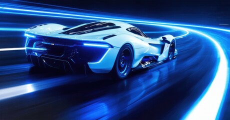 Obraz premium Professional navy blue and white high speed futuristic racing game app icon with neon lit tracks realistic detailed glossy style round square shape modern app icon bold vibrant c