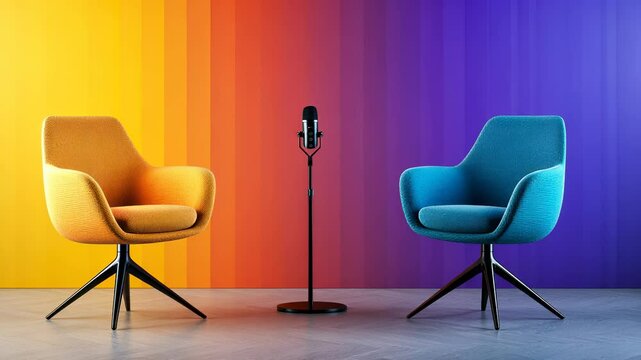 and podcast studio setup featuring speakers empty chairs Modern a microphone, ready for two to engage in insightful discussions video 4k