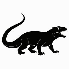 A vector silhouette of a komodo dragon stalking forward, its tongue flicking out