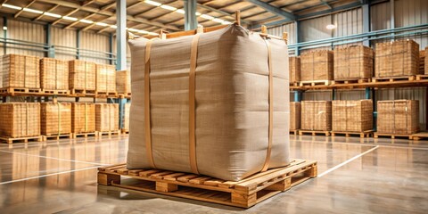 A large bulk bag made of brown canvas material is placed on a wooden pallet with multiple crates and boxes around it