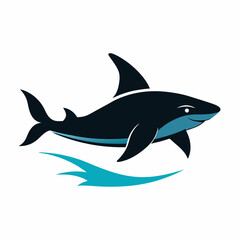 A vector silhouette of a shark swimming with its dorsal fin above water,  