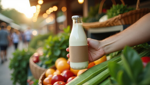 Milk bottle mockup. Hand holding milk bottle with blank label at farmer&rsquo;s market &mdash; dairy product mockup in front of vegetable stall for organic branding design.