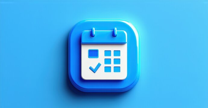 Sleek blue and white daily planner app icon with calendar checkmarks and time slot grid on modern rounded square background realistic detailed glossy style round square sha