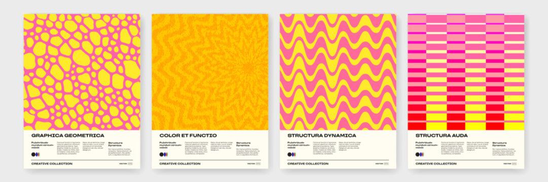 Retro abstract geometric pattern backgrounds with circle, triangle and square shapes. Vector trendy geometric pattern backgrounds with op art design