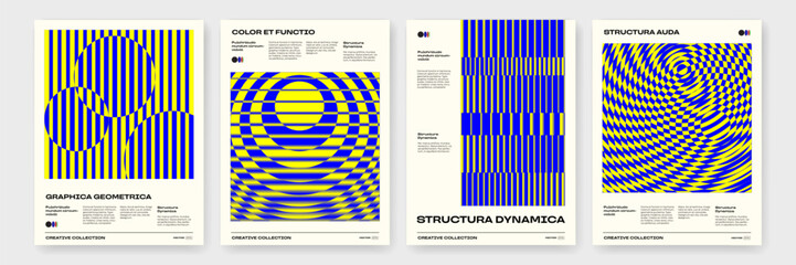 Posters with abstract geometric pattern background and trendy opt art. Vector abstract retro modern posters with geometric optical illusion patterns of wavy and circle lines