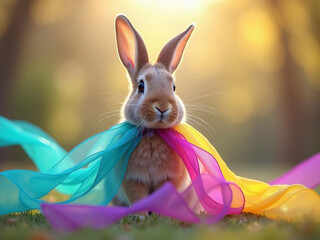 An Easter bunny sitting still while adorned with flowing ribbons