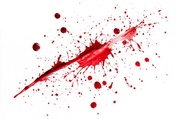 Blood splatter pattern with scattered drops, spreading outward, isolated on a white background.