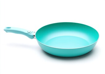 Turquoise Frying Pan with Handle on White Background for Cooking