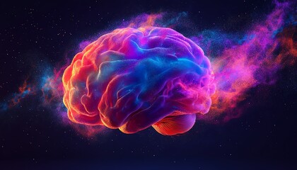 Human brain exploding into vibrant colors, symbolizing creativity and mindblown innovation, digital generative AI concept