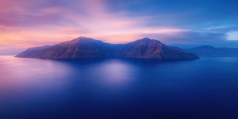 Tranquil Island Surrounded by Ocean Under a Beautiful Sunset Sky with Soft Color Gradients and Serene Reflections in the Water