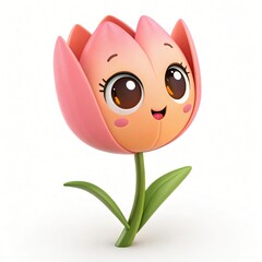 Adorable Cartoon Pink Tulip Flower Cute 3D Render Happy Expression Spring Blossom